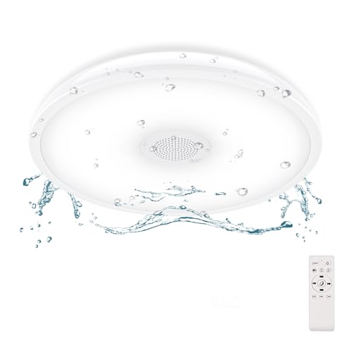 Horevo LED Badezimmer Deckenleuchte mit Fernbedienung, 22CM Dimmbar IP65 Wasserdichtes Badezimmer Licht mit E27Schraube Adapter, Bluetooth Lautsprecher Deckenleuchten für Küche Flur Balkon von Horevo