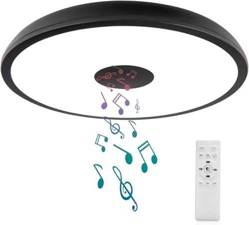 LED-Deckenleuchte Bad mit Fernbedienung, IP65 Ø 28cm dimmbares Licht mit Bluetooth-Lautsprecher, Wasserdichte Badezimmerlampe mit E27-Schraubadapter, Schwarze Deckenleuchte für Küche Flur Balkon von Horevo
