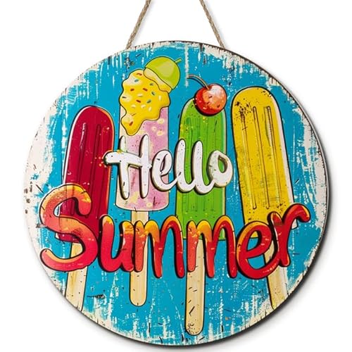 Horienteeon Hello Summer blaues Hängeschild für Haustür, 28 cm, rustikales Holzschild, Bauernhaus-Sommer-Willkommens-Türhänger für Haustür, Veranda, Außen- und Innendekoration von Horienteeon