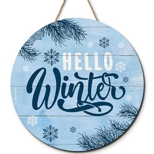 Horienteeon Hello Winter Schild für Haustür, Veranda, Winter Willkommen Bauernhaus Holz Türhänger für Outdoor Outdoor Decor, rustikale Schneeflocken Holzkranz Wandbehang Dekoration 30 cm von Horienteeon