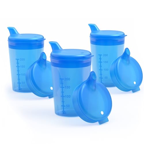 Horn Medical 3er Pack 250ml Erwachsenen Schnabelbecher-/Trinkhilfe-Sets mit je zwei Deckeln (große & kleine Öffnung) pro Set - Farbe wählbar (blau) von Horn Medical