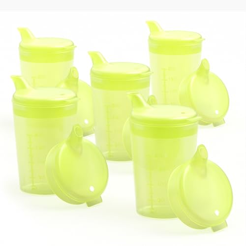 Horn Medical 5er Pack Erwachsenen Trinkhilfen 250ml Schnabelbecher PLUS 5 Deckel für Flüssigkeiten & 5 Deckel für Brei/Mus - Farbe wählbar (Gelb) von Horn Medical