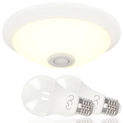 Horoz Electric LED Deckenleuchte mit Bewegungsmelder 300 mm Weiß - Aufputz Deckenlampe mit 2x LED Lampen 11W E27 Neutralweiß 4000K - Sensorlampe mit 360° PIR & Dämmerungssensor von Horoz Electric