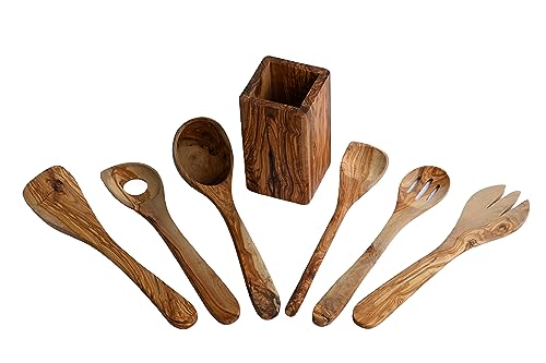 Nachhaltiges Küchenhelfer-Set aus Holz: Holz Kochbesteck-Set mit Pfannenwender, Kochlöffel Schöpfkelle, Servierlöffel + Olivensack – 8-teiliges-Set Küchenset – hochwertig & nachhaltig von Horrea Caelia Dom