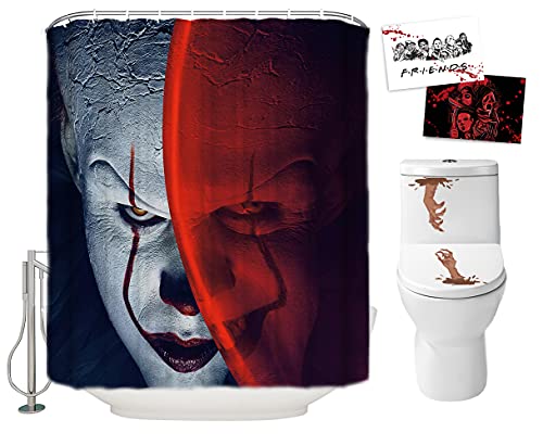 Halloween Duschvorhang Set für Badezimmer - IT Pennywise The Dancing Clown Scary Killer, Horrorfilm Themed Urlaub Polyester Dekoration mit Haken und WC-Aufklebern, Weihnachts-Party-Dekor 72 x 72 cm von HorriWeen