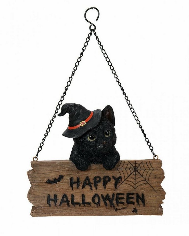 Horror-Shop Dekofigur Happy Halloween Schild mit Schwarzem Kätzchen von Horror-Shop