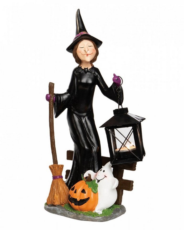 Horror-Shop Kerzenständer Spooky Teelichthalter Hexe mit Besen & Laterne auf von Horror-Shop