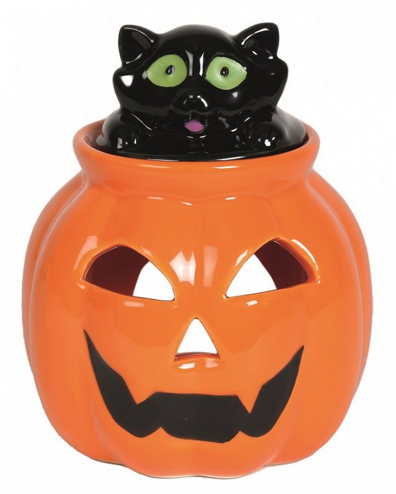 Horror-Shop Kerzenständer Halloween Kürbis mit Katze Teelicht Lampe für Duft von Horror-Shop