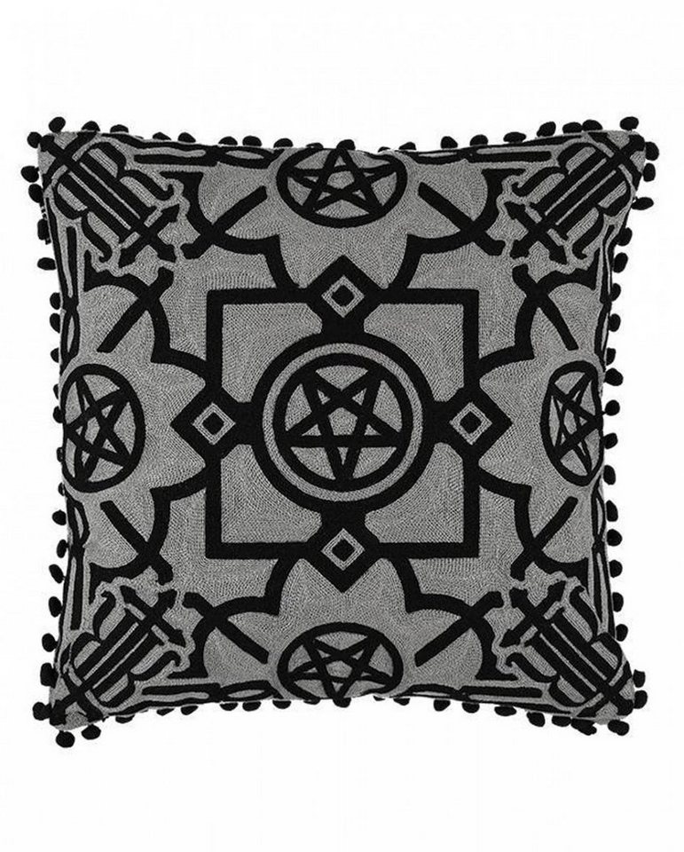 Tagesdecke Grauer Kissenbezug mit schwarzer Pentagramm Sticke, Horror-Shop von Horror-Shop