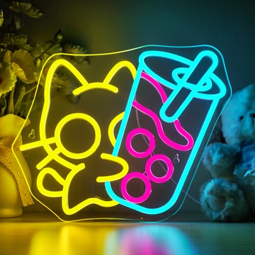 Horseneon Boba Tea Neonlichtschild Getränk Katze Neon licht schild Bubble Tea Neonschilder Getränke Neonlichter für Schlafzimmer Dessertläden Bar Wohnzimmer Geschäft Getränkeladen von Horseneon