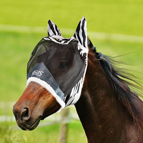 Horses, Fliegenohren Fly Shield Zebra, Leichte und Atmungsaktive Fliegenmaske, Behindert Nicht das Sichtfeld des Pferdes, Augen und Gehörschutz (L, Zebra) von Horses