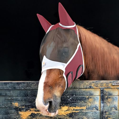 Horses, Pro Fly Fliegenmaske für Pferde, feine Maschen, mit Ohren, aus perforiertem Stoff, zum Schutz vor Fliegen und Mücken, zum Schutz des Pferdes, Größe L, Bordeaux/Weiß von Horses