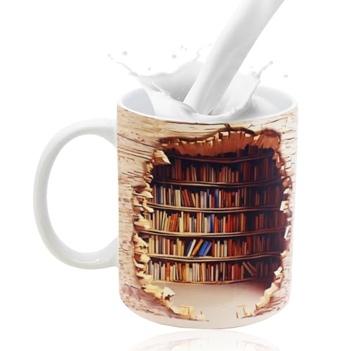 3D-Bücherregal-Tasse, 3D-Effekt-Bücherbecher, Keramik-Bücherregal-Kaffeetasse, Creative Space Design Kaffeebecher mit Beidseitigem Druck für Schreibtisch, Geburtstagsgeschenk von Horuili