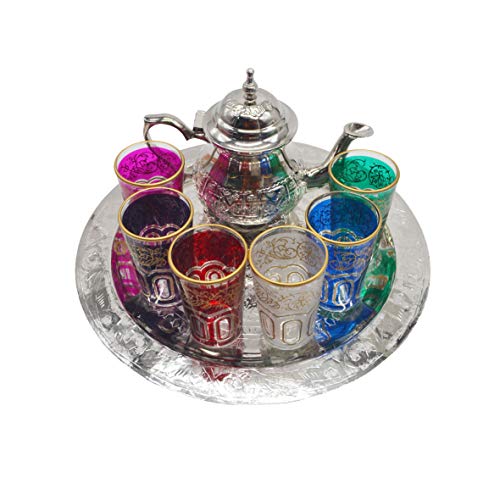 Marokkanisches Tee-Set, Alpaka-Teekanne mit Füßen 400 ml, flaches Tablett aus versilbertem Messing 30 cm und 6 farbige Gläser von Horus Artesanía de Egipto
