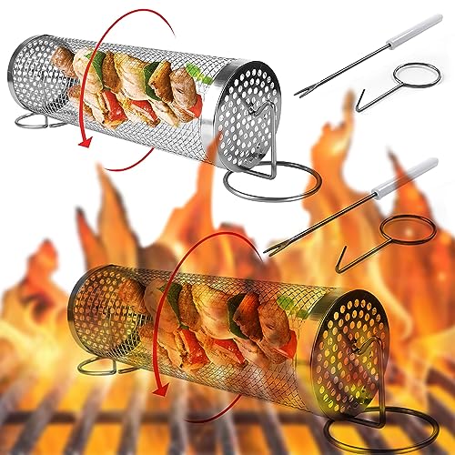 Hosawtek Drehbarer Grillkorb - Perfekt für BBQ und Grillen - Edelstahl-Rollbarbecue-Käfig mit Griffen - Ideal für Gemüse, Meeresfrüchte und Fleisch - Einfach zu bedienen und zu reinigen von Hosawtek