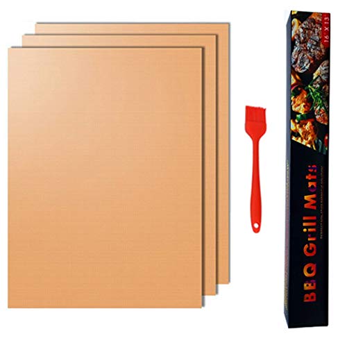 Hoshen 3 Sets Fiberglas-Grillmatten (einschließlich einer Bürste), 40 x 33 cm, antihaftbeschichtet, hochtemperaturbeständig, Grillmatten, Outdoor-Grillmatten, wiederverwendbar, Gold von Hoshen