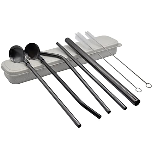 Hoshen 7-teiliges schwarzes Edelstahl-Stroh-Löffel-Set, 21 cm, wiederverwendbarer Strohhalm, mit Tragetasche (3 Strohhalme, 2 Trinkhalme, Löffel, 2 Bürsten) von Hoshen