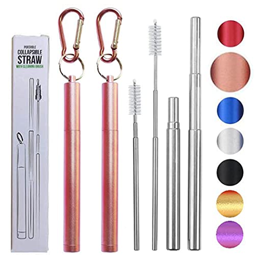 Hoshen wiederverwendbarer dreiteiliger faltbarer Metallstrohhalm, tragbarer Outdoor-Teleskopstroh, einschließlich Strohbürste und kleinem Kletterhaken (Metallschale), Roségold，2 Packungen von Hoshen