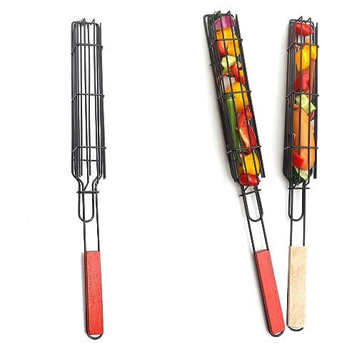 2 Stück Grillkörben Hoshiy Grilling Skewers Antihaft-Grillwerkzeug Edelstahl Kebab Camping Grillgabel Wiederverwendbar Einfach Praktisch Spieße für Fleisch, Kabobs, Gemüse, Garnelen, Meeresfrüchte von Hoshiy