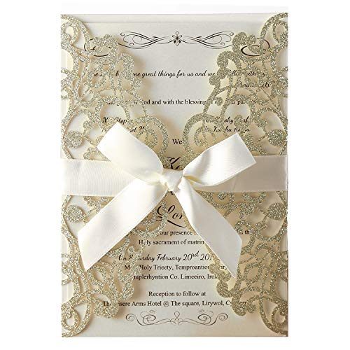 Hosmsua 20x Hochzeit EinladungsKarten Für Lasercut Elegante Blume Spitze Glückwunsch Einladung Karten, 20 Stück inkl Umschläge (Champagner Glitzer) von Hosmsua
