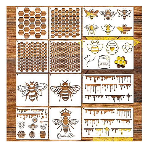 12 Stück Biene Wabenschablone, wiederverwendbare Bienenschablonen zum Malen auf Holzschildern Möbel DIY Handwerk Wand Leinwand Stoff Kunststoff Zeichenvorlage Sechseckfarbe Holzverbrennungsschablonen von Hosomono