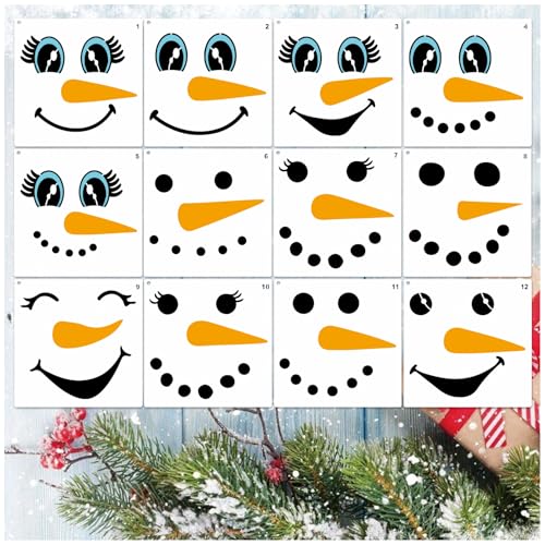 Schablonen mit Schneemann-Gesicht, 20,3 x 20,3 cm, wiederverwendbare Weihnachtsschablonen zum Malen auf Holz, Basteln, Leinwand, Stoff, Papier, Fenster (12 Schneegesichter, 20,3 cm), 12 Stück von Hosomono