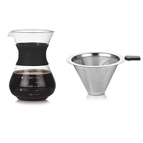 Hosoncovy 2er Pack Gießen Sie über Kaffeemaschine mit Filterglas Kaffeekanne Edelstahl Kaffeefilter Set 400ML Hitzebeständige Kaffeekanne mit Silikonhülle Glas Teekanne von Hosoncovy