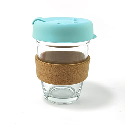 Hosoncovy 350ML Wiederverwendbare Kaffeetasse aus Glas mit hitzebeständigem Korkband-Reisekaffeetasse mit Deckel und Deckel 12 OZ Kaffeetasse (Blau) von Hosoncovy