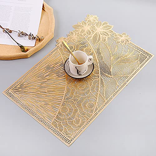 Hosoncovy 4er Pack Dekorative Tischsets Rechteck Tischset PVC Tischsets Hohl Tisch Tischsets Hitzebeständige rutschfeste Esszimmer Tischsets Blatt Tischset Blume für die Wohnküche (Gold) von Hosoncovy