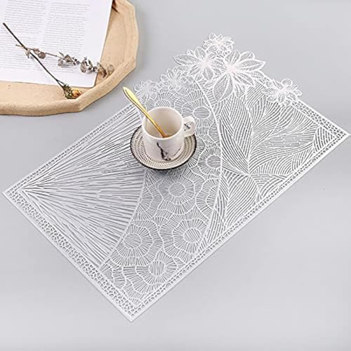 Hosoncovy 4er Pack Dekorative Tischsets Rechteck Tischset PVC Tischsets Hohl Tisch Tischsets Hitzebeständige rutschfeste Esszimmer Tischsets Blatt Tischset Blume für die Wohnküche (Silber) von Hosoncovy
