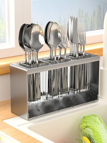 Hosoncovy Countertop Besteck Trockner Besteck Drainer Geschirr Halter Box Tischplatte Getrennte 3 Tassen Gabel Essstäbchen Küche Lagerung Besteck Utensil Organizer (Grau) von Hosoncovy