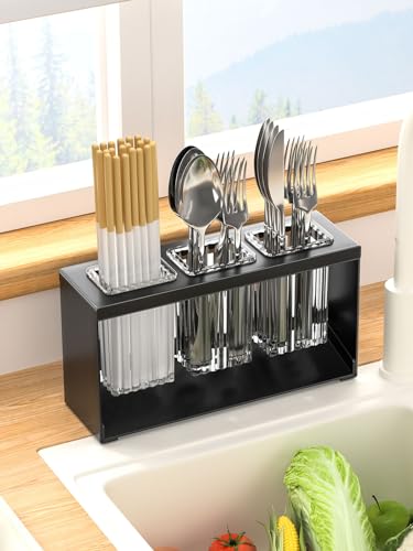 Hosoncovy Countertop Besteck Trockner Besteck Drainer Geschirr Halter Box Tischplatte Getrennte 3 Tassen Gabel Essstäbchen Küche Lagerung Besteck Utensil Organizer (Schwarz) von Hosoncovy