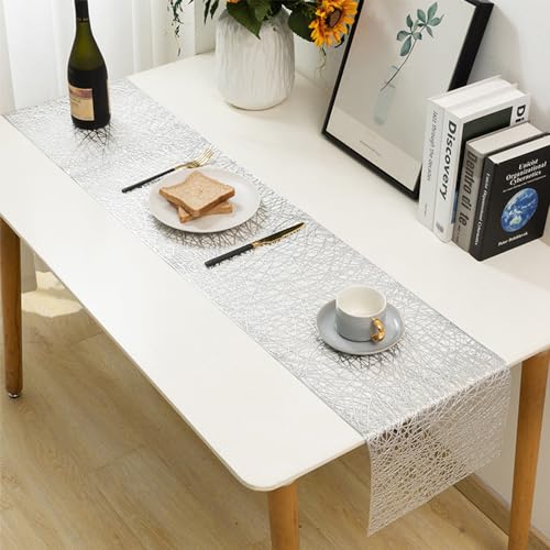 Hosoncovy Hohl Tischläufer Anti-Rutsch Dekorative PVC Tischmatten Tischset Schützende hitzebeständige Matten für Home Party Küche Essen Hochzeit Dekor (30CM X 150CM) (Silber) von Hosoncovy