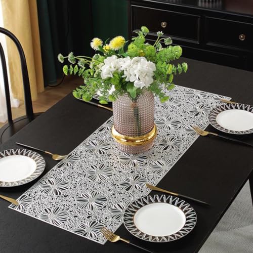 Hosoncovy Hohl Tischläufer Anti-Rutsch Dekorative PVC Tischmatten Tischset Schützende hitzebeständige Matten für Home Party Küche Essen Hochzeit Dekor (91CM X 33CM) (Silber) von Hosoncovy