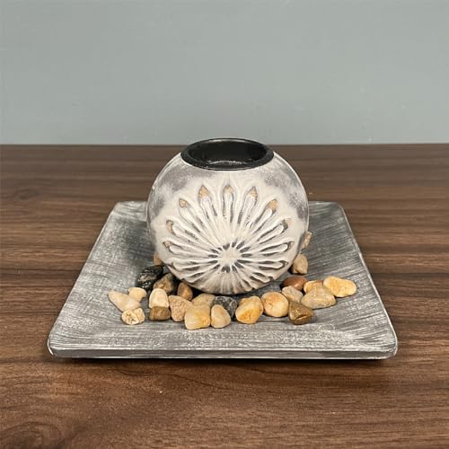 Hosoncovy Holz Ball Teelichthalter mit Tablett und Kieselsteinen Teelicht Kerzenhalter Set für Home Decor (Blume) von Hosoncovy