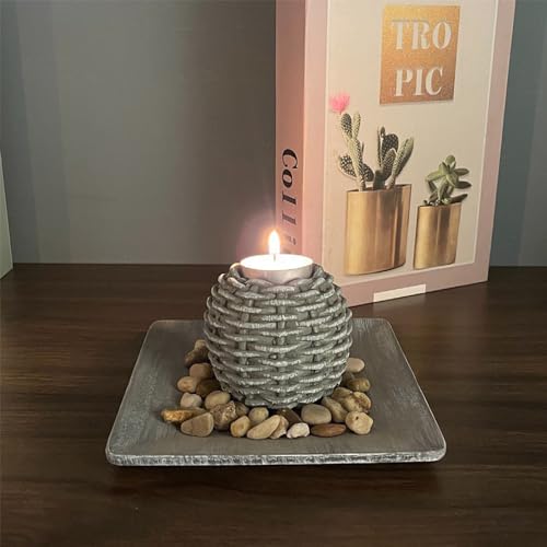Hosoncovy Holz Ball Teelichthalter mit Tablett und Kieselsteinen Teelicht Kerzenhalter Set für Home Decor (Rattan Weberei) von Hosoncovy