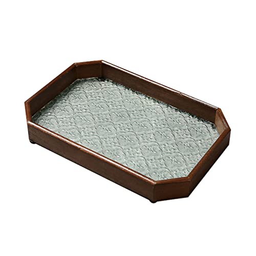 Hosoncovy Octagon Holz Glas Tablett Tee Tablett, Serviertablett Tee und Kaffee oder Food Butler Serviertablett Dekorative Tablett für Essgeschirr, Tischdekoration (Braun) von Hosoncovy