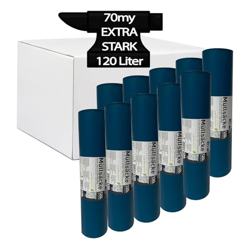 1 Karton Schwerlast Müllsäcke, 10 Rollen à 15 QUALITY PLUS Müllbeutel, Müllsäcke blau, Mülltüten extrem reißfest, 120l, 700x1100mm, 70my | speziell für Gewerbe, Bau, Bauschutt und Garten von Hossi's Wholesale