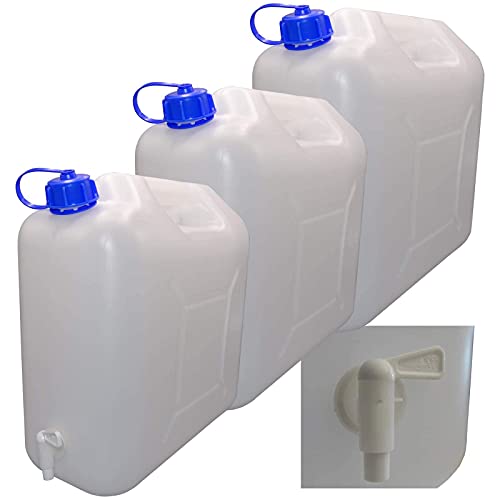 3 x 20 L Kanister mit Deckel, Zapfhahn und Ausgießer, natur Trinkwasser von Hossi's Wholesale