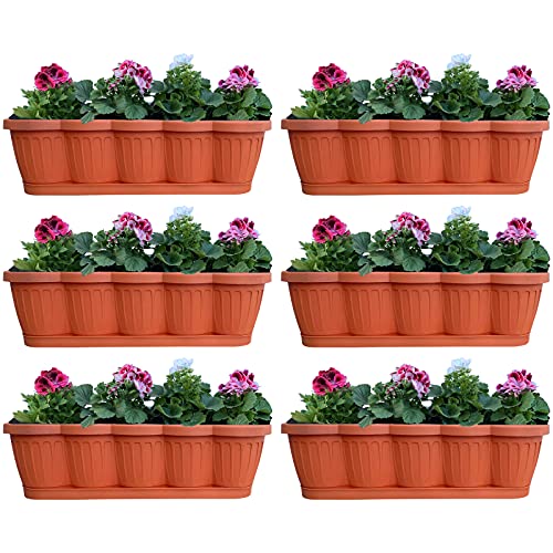 Hossi's Wholesale 6er Set Blumenkasten 60cm, Balkonkasten mit Wasserspeicher, Pflanzkasten Terracotta im Wellendesign mit passendem Bewässerungsuntersetzer von Hossi's Wholesale