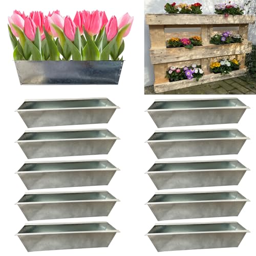 Hossi's Wholesale 10er Set Zink Paletten Blumenkästen - Einsatz 38cm groß Silber - aus Metall verzinkt - Zinkkasten Pflanzkasten Balkonkasten Blumentopf für Europaletten von Hossi's Wholesale