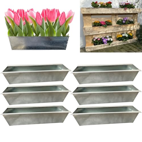 Hossi's Wholesale 6er Set Zink Paletten Blumenkästen - Einsatz 38cm groß Silber - aus Metall verzinkt - Zinkkasten Pflanzkasten Balkonkasten Blumentopf für Europaletten von Hossi's Wholesale