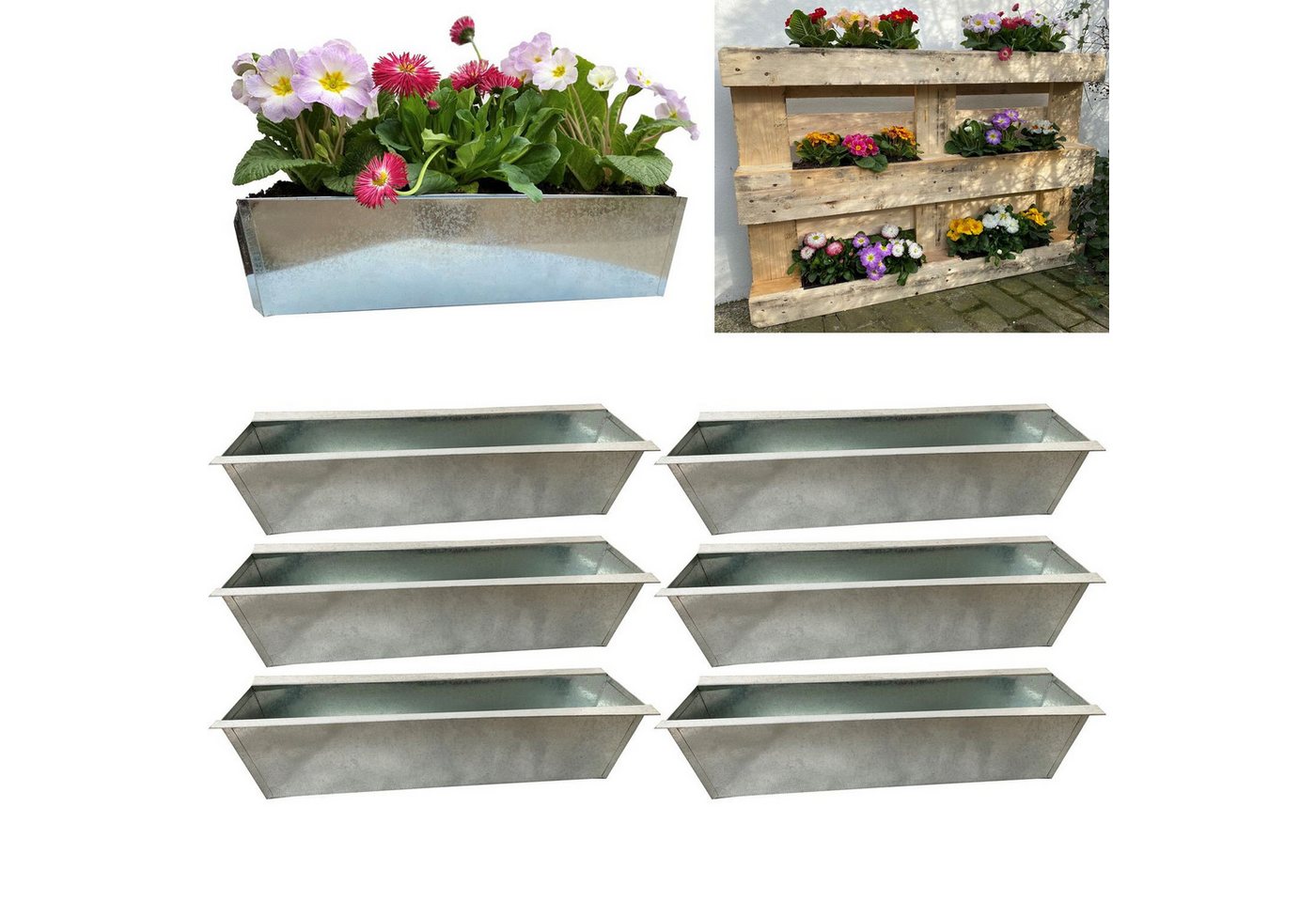 Hossi's Wholesale Blumenkasten 6er Set Zink Paletten Blumenkästen - Einsatz 38cm groß Silber Metall von Hossi's Wholesale