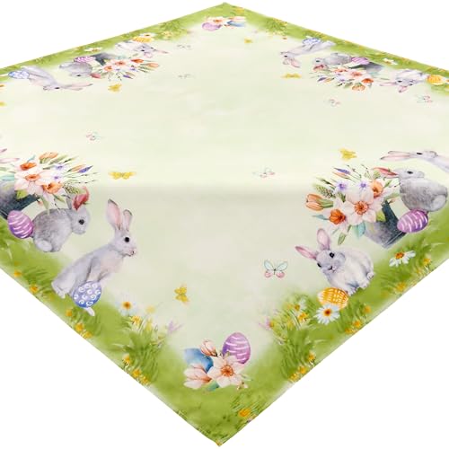 Hossner Heimtex Tischdecke Mitteldecke eckig Frühling Ostern Osterhasen und Blumen auf leicht grünem Untergrund 110 x 110 cm von Hossner Heimtex