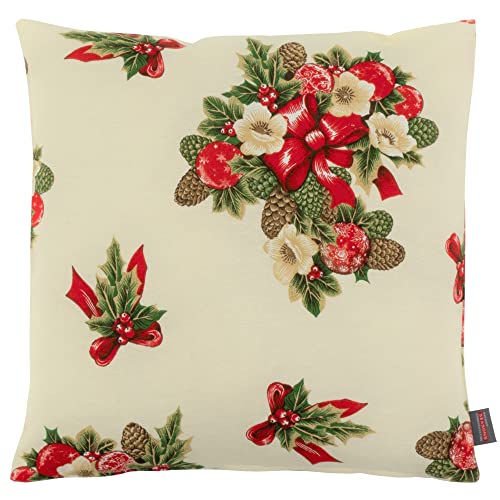 Kissenhülle Kissenbezug Sofakissen Dekokissen mit Reissverschluss Weihnachten Motiv grüne Zweige mit roten Schleifen auf creme farbigem Untergrund 50% Baumwolle 50% Polyester (40 x 40 cm) von Hossner