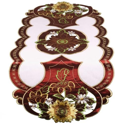 Hossner Tischläufer Oval 40x90 Sonnenblume Tischdecke Stickerei Decke Geblümt Läufer Bordeaux Stoff Tischdekoration Bestickt Sommer Herbst von Hossner
