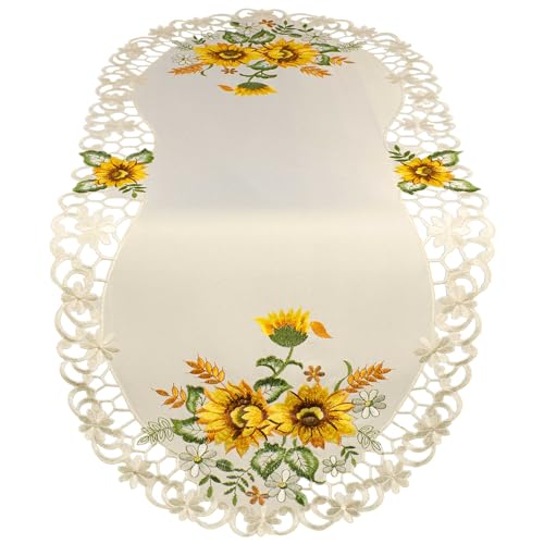 Hossner Tischläufer oval 40x85 Sonnenblume Tischdecke Aufleger Decke Läufer Tischdekoration Sommer Herbst Stoff Bestickt Saulgau von Hossner