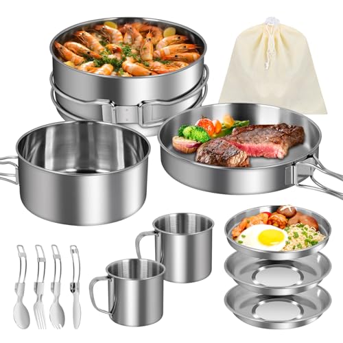 Hossom Camping Geschirr Set Edelstahl camping kochgeschirr Tragbare Camping Topf Pfanne Set faltbares Outdoor Kochgeschirr camping kochset für Picknick Backpacking Camping Wander（12-teiliges Set） von Hossom