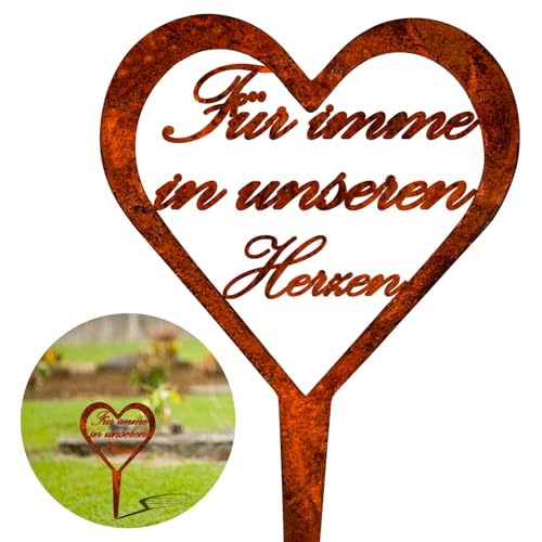 Hossom Grabschmuck Wetterfest, Herz Grabschmuck Trauerdekoration Metall Rostoptik Grabstecker mit Spruch Für Immer in unseren Herzen, Spruch Grabdekoration für Gärten Höfe Friedhofsdeko von Hossom