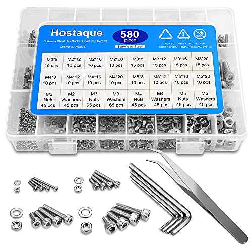 M2 M3 M4 M5 Schraubensortiment, Schrauben Set 580 Stück 304 Edelstahlschrauben, Schrauben Muttern und Unterlegscheiben Sortiment Kit mit Aufbewahrungsbox, Inklusive Vier Inbusschlüsseln von Hostaque